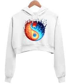 Yin Yang Alev Tasarım Baskılı Kadın Crop Hoodie Kapüşonlu Sweatshirt