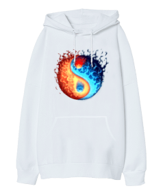 Yin Yang Alev Tasarım Baskılı Oversize Unisex Kapüşonlu Sweatshirt