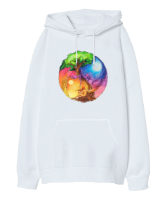 Yin Yang Hayat Ağacı Tasarım Baskılı Oversize Unisex Kapüşonlu Sweatshirt