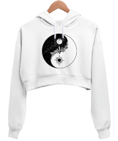 Yin Yang Tasarım Baskılı Kadın Crop Hoodie Kapüşonlu Sweatshirt