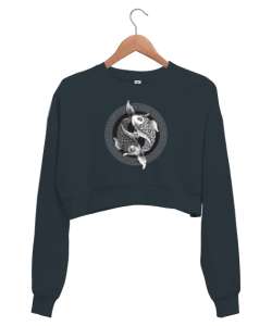 Ying Yang Balıklar - Uzakdoğu Kültürü Füme Kadın Crop Sweatshirt