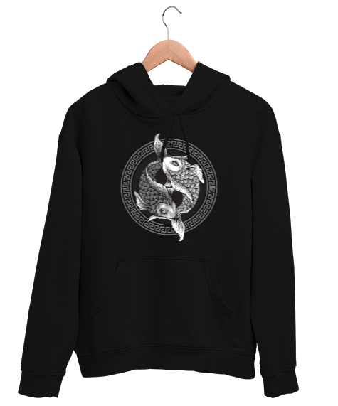 Tisho - Ying Yang Balıklar - Uzakdoğu Kültürü Siyah Unisex Kapşonlu Sweatshirt