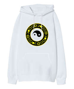 Ying Yang Blu Beyaz Oversize Unisex Kapüşonlu Sweatshirt