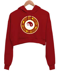 Ying Yang Blu Kırmızı Kadın Crop Hoodie Kapüşonlu Sweatshirt