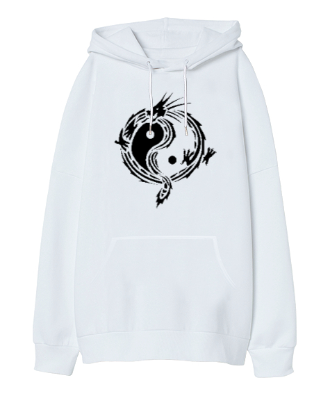 Ying Yang Dragon Beyaz Oversize Unisex Kapüşonlu Sweatshirt