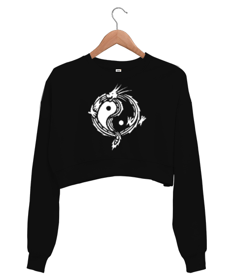 Ying Yang Dragon Siyah Kadın Crop Sweatshirt