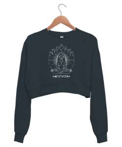 Yoga Çakra Om Meditasyon - Ay Evreleri Füme Kadın Crop Sweatshirt