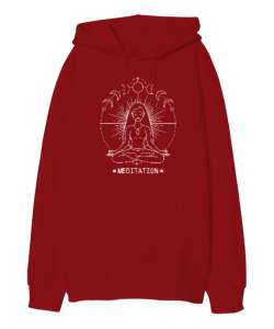 Yoga Çakra Om Meditasyon - Ay Evreleri Kırmızı Oversize Unisex Kapüşonlu Sweatshirt