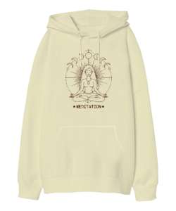 Yoga Çakra Om Meditasyon - Ay Evreleri Krem Oversize Unisex Kapüşonlu Sweatshirt