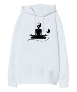 Yoga Çakra Om Meditasyon Ying Yang Beyaz Oversize Unisex Kapüşonlu Sweatshirt