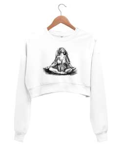 Yoga Meditasyon Çakra Om Çizim Beyaz Kadın Crop Sweatshirt