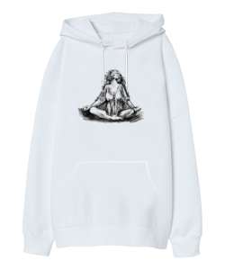 Yoga Meditasyon Çakra Om Çizim Beyaz Oversize Unisex Kapüşonlu Sweatshirt