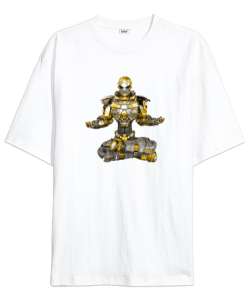 Yoga Meditasyon - Robot Beyaz Oversize Unisex Tişört