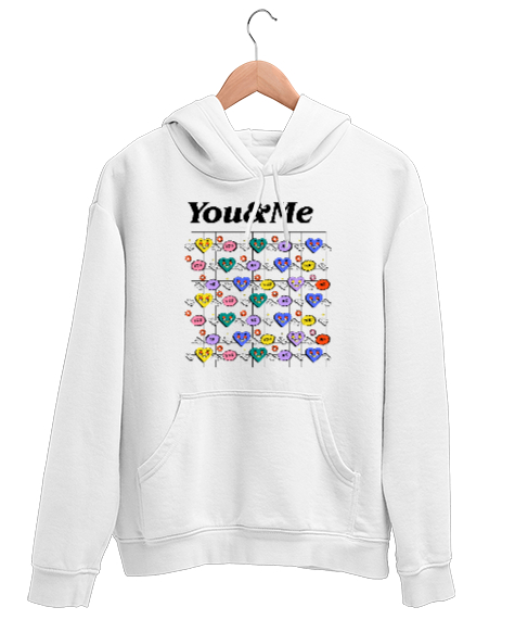 Tisho - You And Me - Sen ve Ben - Kalpler Beyaz Unisex Kapşonlu Sweatshirt