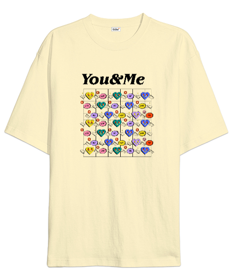 Tisho - You And Me - Sen ve Ben - Kalpler Krem Oversize Unisex Tişört