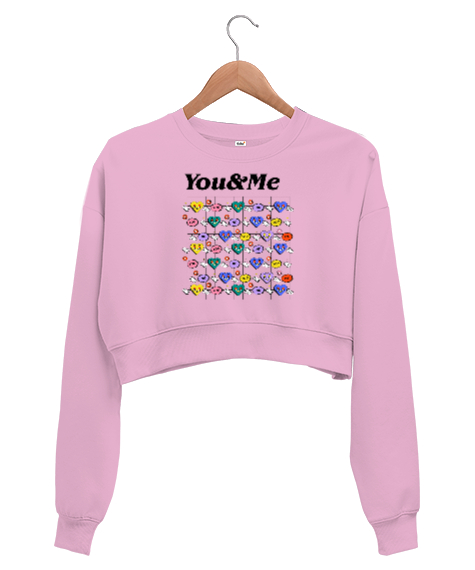 Tisho - You And Me - Sen ve Ben - Kalpler Pembe Kadın Crop Sweatshirt