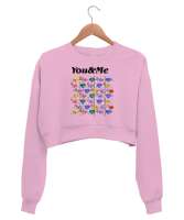 You And Me - Sen ve Ben - Kalpler Pembe Kadın Crop Sweatshirt - Thumbnail