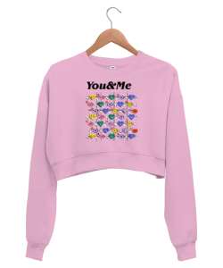 You And Me - Sen ve Ben - Kalpler Pembe Kadın Crop Sweatshirt