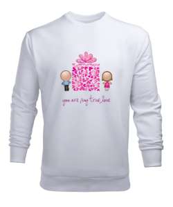 You Are My True Love Yazılı Emoji Kalp Baskılı Beyaz Erkek Sweatshirt