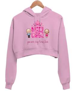 You Are My True Love Yazılı Emoji Kalp Baskılı Pembe Kadın Crop Hoodie Kapüşonlu Sweatshirt