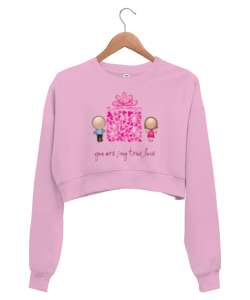 You Are My True Love Yazılı Emoji Kalp Baskılı Pembe Kadın Crop Sweatshirt