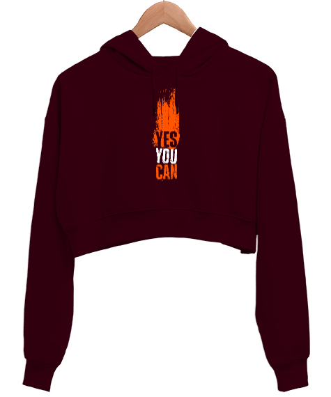 Tisho - You Can - Evet Yapabilirsin Bordo Kadın Crop Hoodie Kapüşonlu Sweatshirt