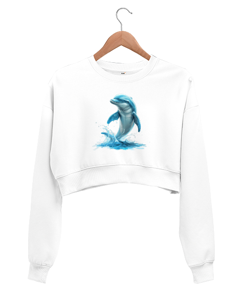 Tisho - Yunus Balığı - Dolphin Beyaz Kadın Crop Sweatshirt