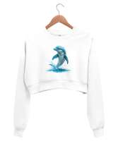 Yunus Balığı - Dolphin Beyaz Kadın Crop Sweatshirt - Thumbnail