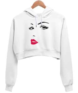 Yüz tasarım Beyaz Kadın Crop Hoodie Kapüşonlu Sweatshirt