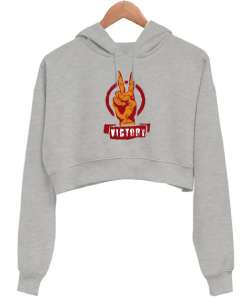 Zafer İşareti V3 Gri Kadın Crop Hoodie Kapüşonlu Sweatshirt