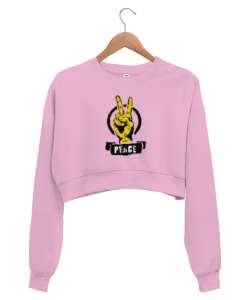 Zafer İşareti ve Barış Pembe Kadın Crop Sweatshirt