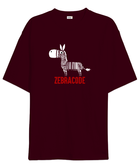 Tisho - Zebracode - Zebra Barkod Bordo Oversize Unisex Tişört