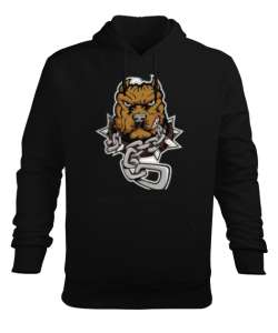 Zincire vurulmuş pitbull baskılı Siyah Erkek Kapüşonlu Hoodie Sweatshirt