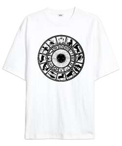 Zodiac - Horoscope - İlkel Çizim- Astroloji Beyaz Oversize Unisex Tişört