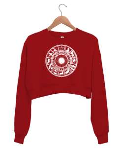 Zodiac - Horoscope - İlkel Çizim- Astroloji Kırmızı Kadın Crop Sweatshirt