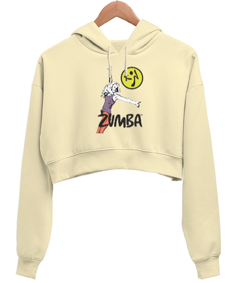 Tisho - Zumba Dans Spor Love Krem Kadın Crop Hoodie Kapüşonlu Sweatshirt